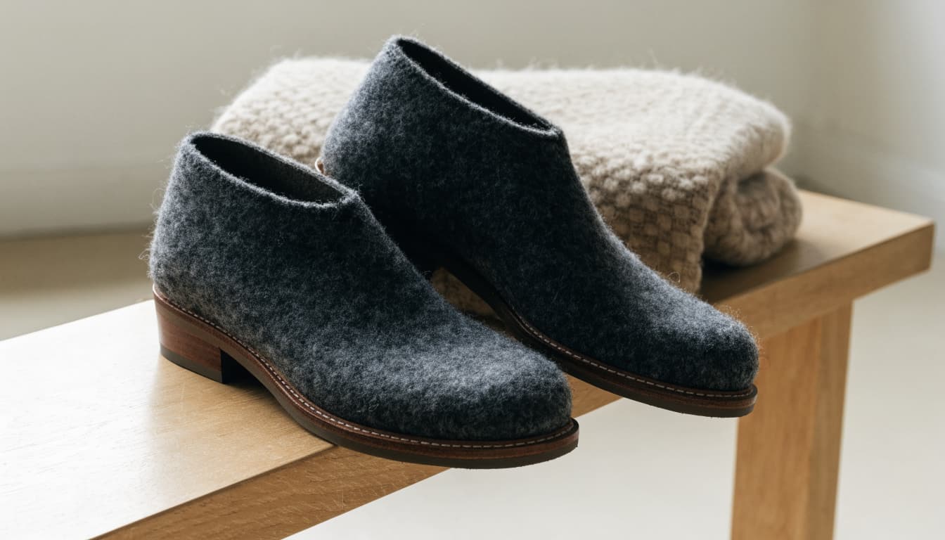 Charcoal wool shoes with brown soles sit beside a folded blanket on a wooden bench.