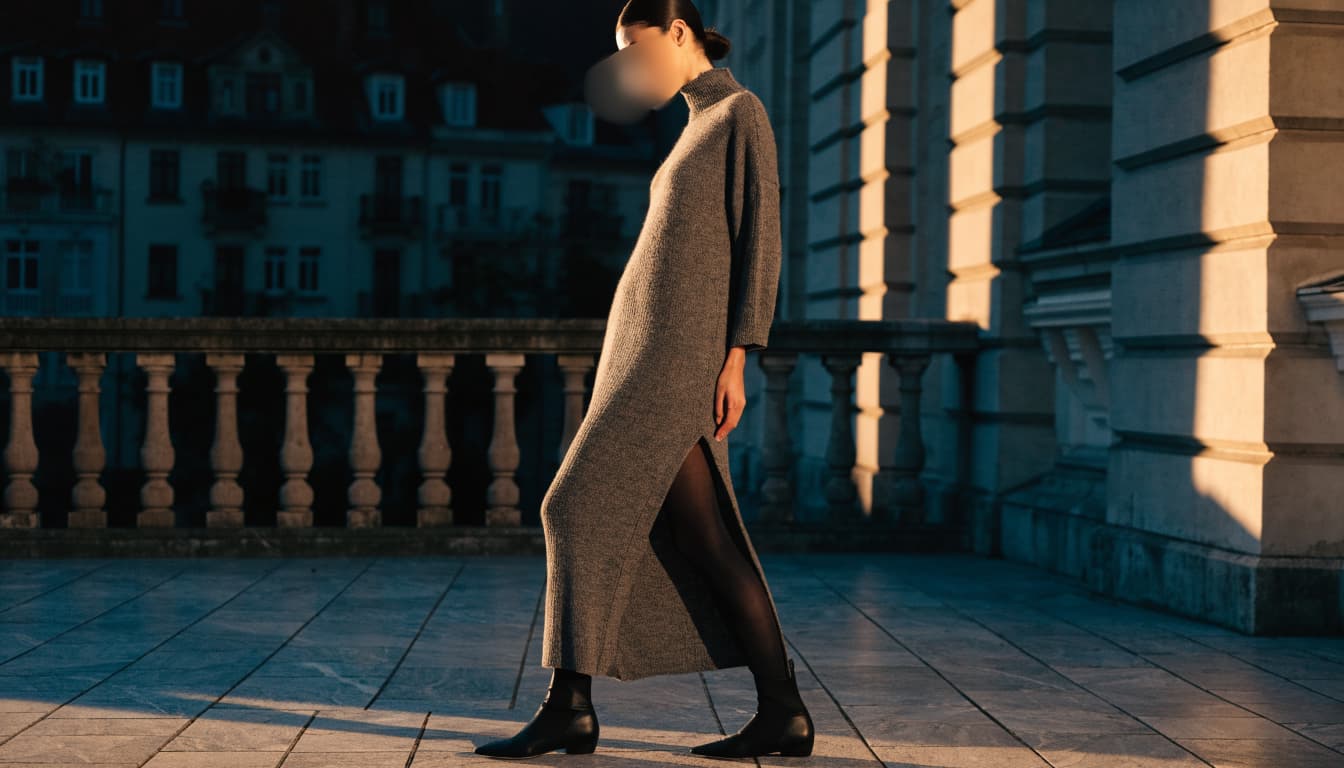 A woman in black tights and ankle boots wears a charcoal maxi dress on a terrace.