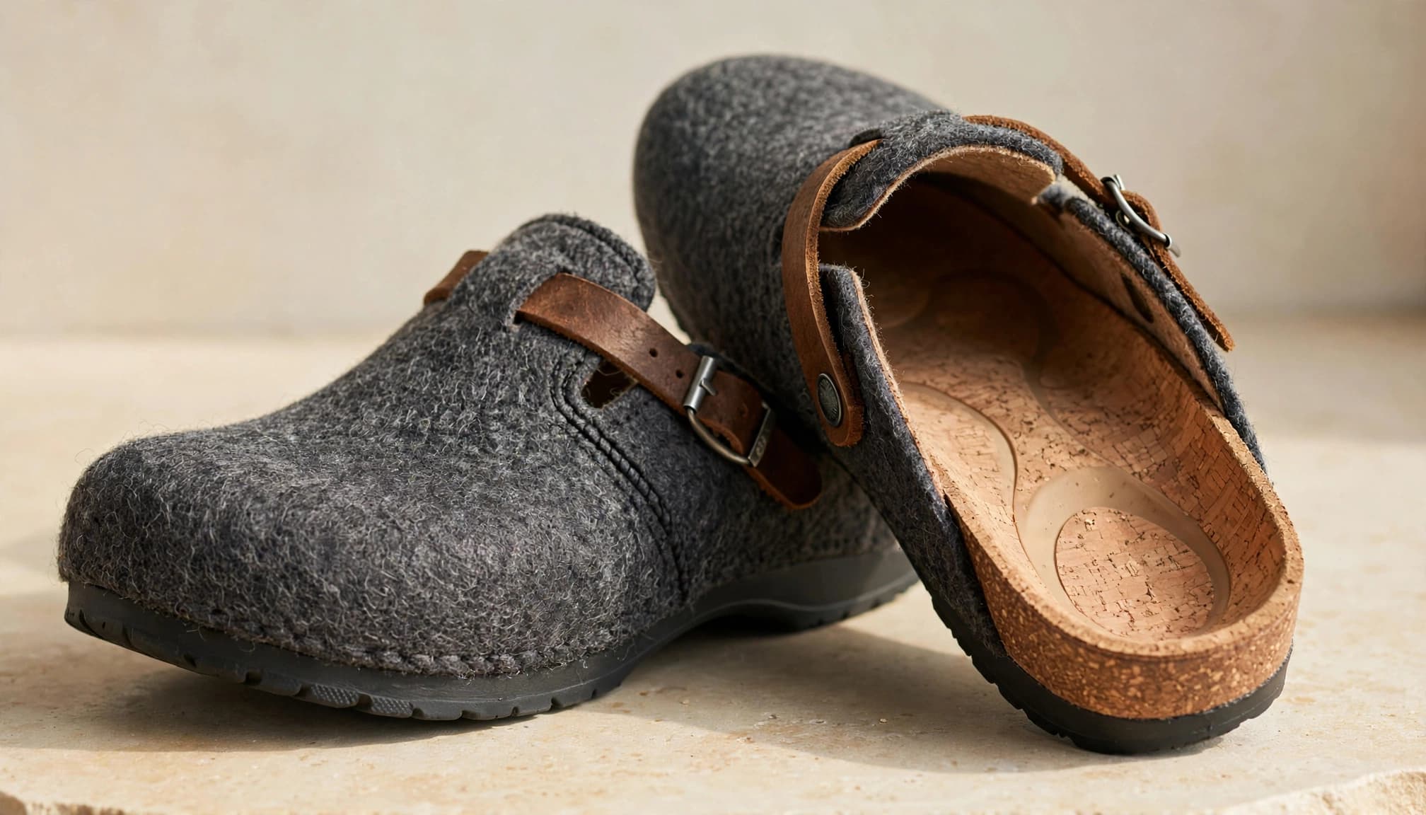 Charcoal wool clogs with leather straps and an exposed cork footbed sit on pale stone.