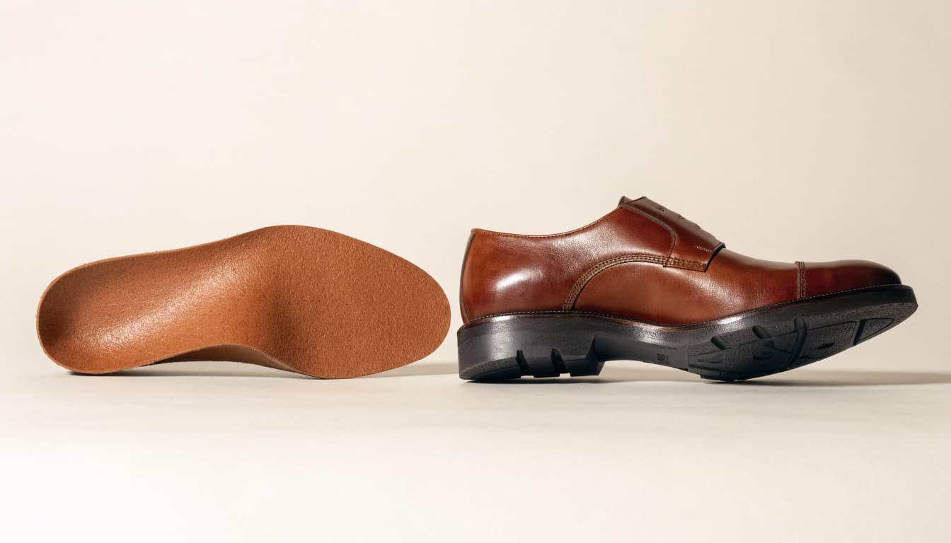 A brown leather dress shoe and a separate brown insole on an off-white surface.