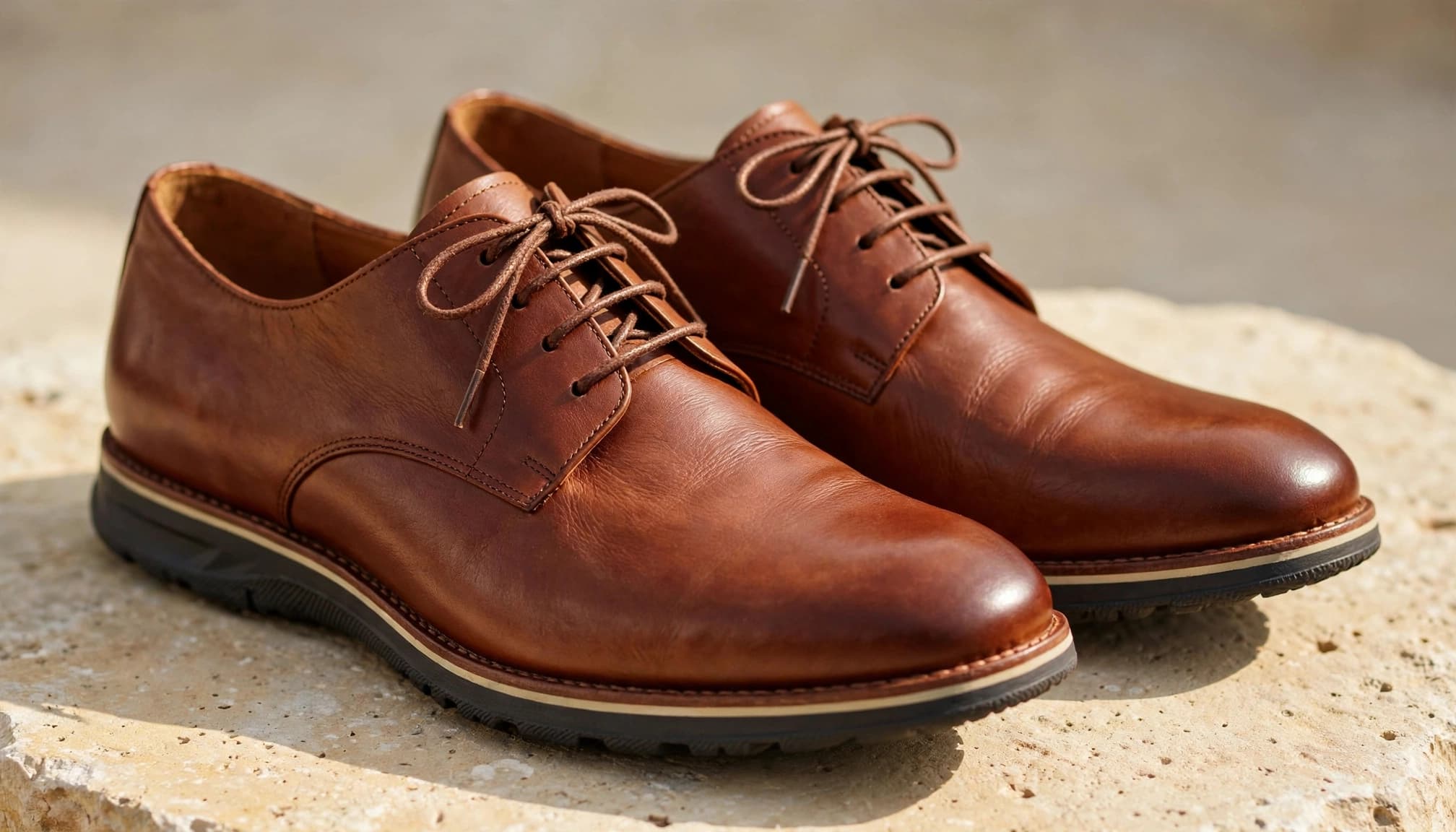 A pair of classic chestnut leather dress shoes on a limestone surface.