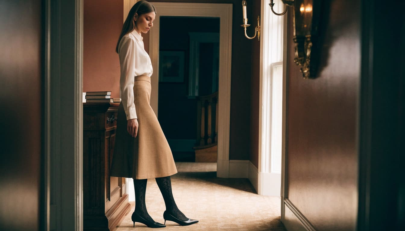 A woman in black cable-pattern pantyhose, a camel skirt, and an ivory blouse stands in a townhouse hallway.