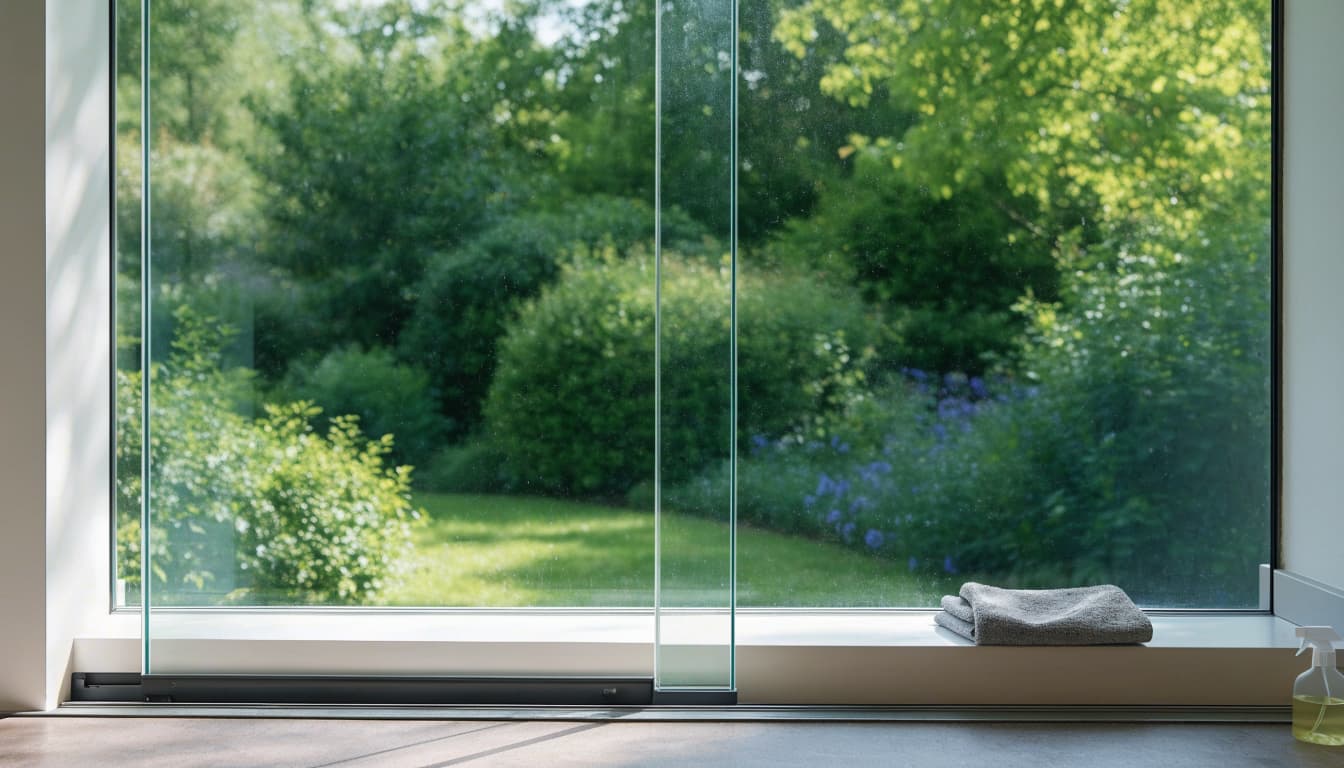 A clear patio door with a cloth on the sill and a spray bottle on the floor.