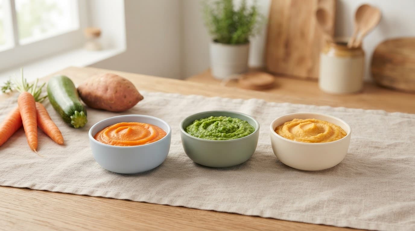 Three bowls of carrot, green vegetable, and sweet potato mash on a kitchen table.