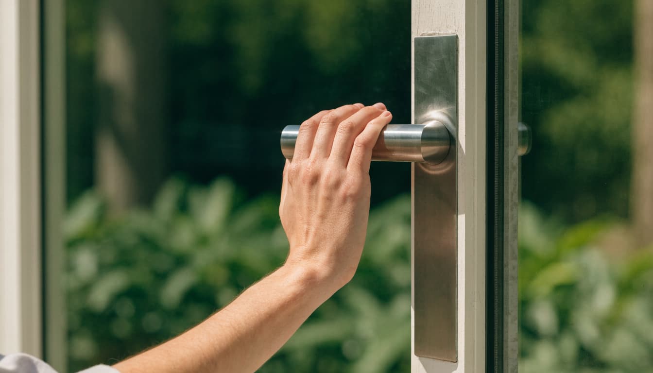 A relaxed hand rests on a sliding glass door handle beside a sunny patio.