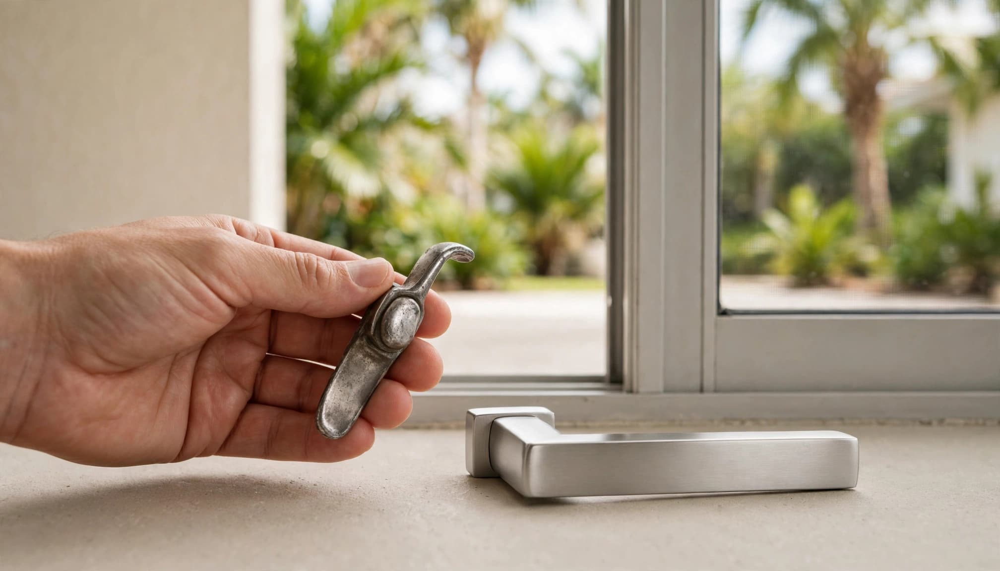A hand compares a worn sliding door handle with a clean replacement.
