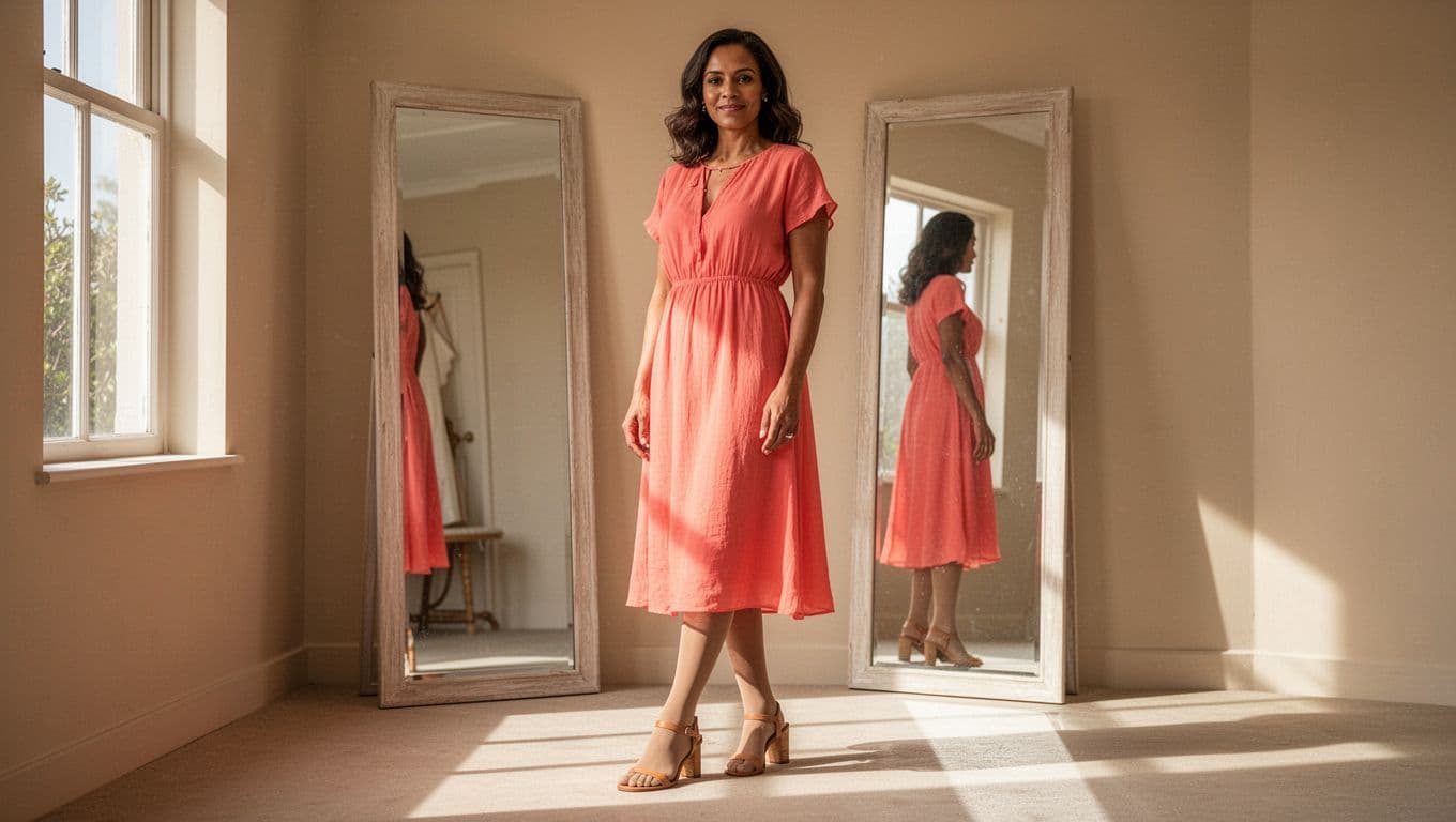 Woman in a coral dress wearing sheer hosiery and open-toe sandals in a sunny dressing room.