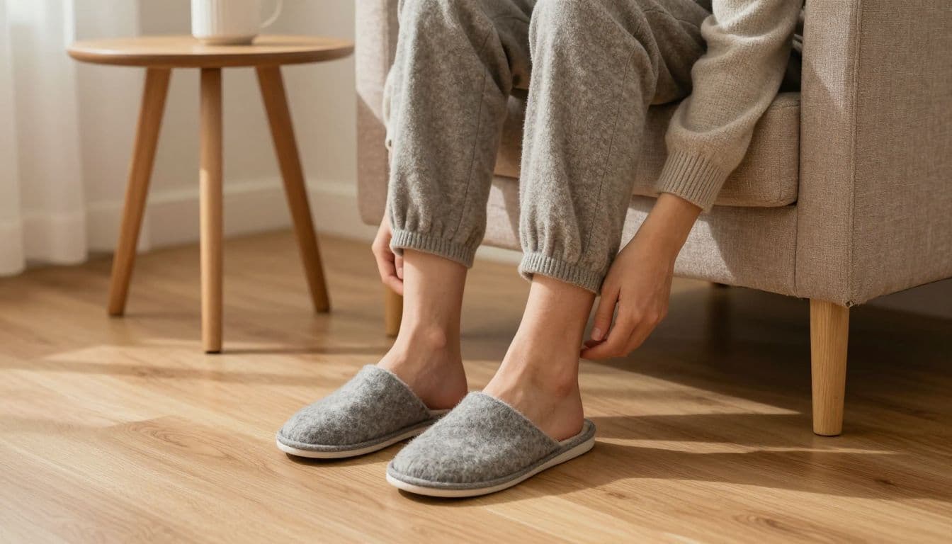 An adult relaxes in wool slippers beside a small table in a warm living room.