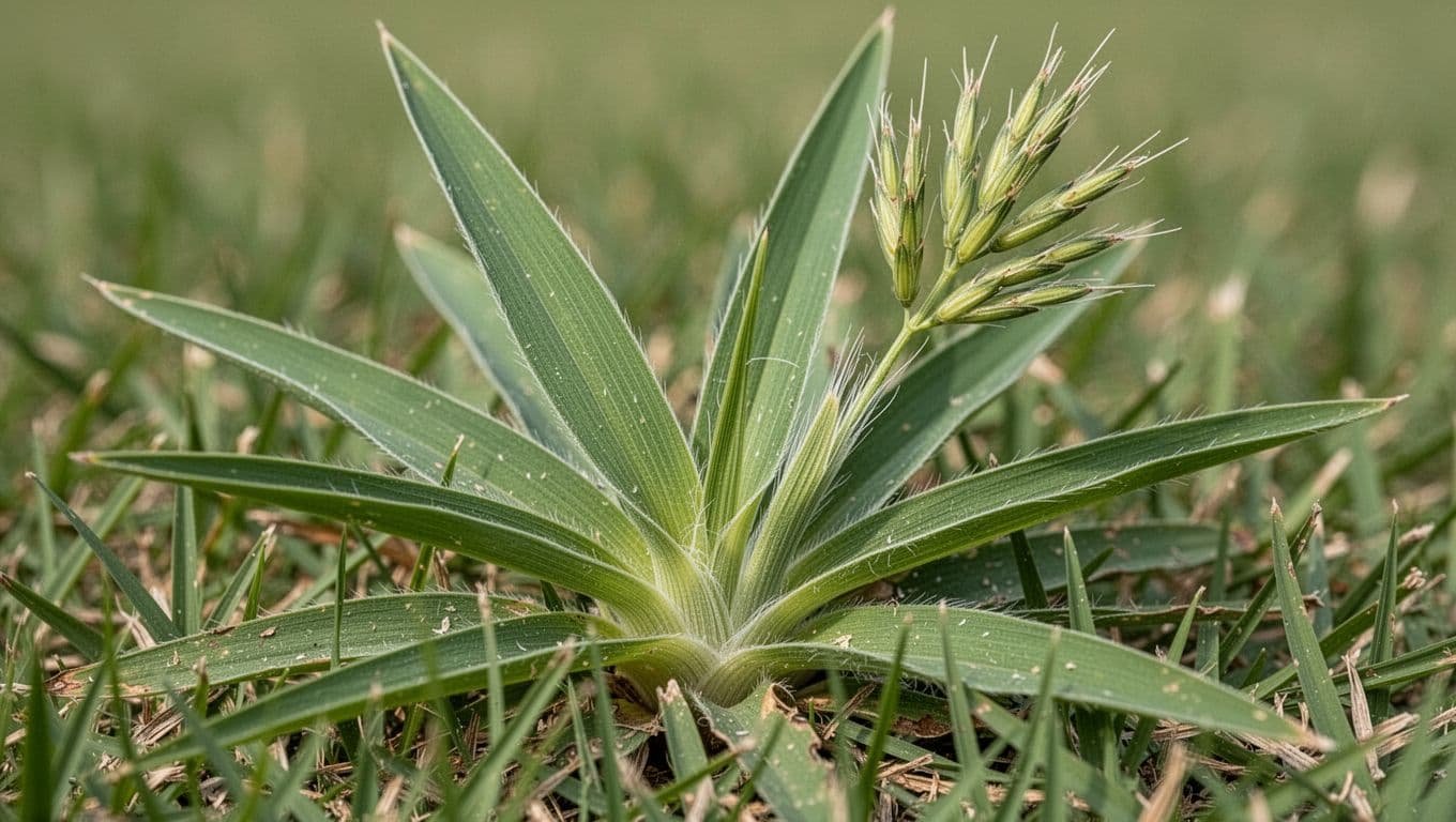 Ultra-clear macro photograph of crabgrass (Digitaria spp.) in bermuda grass, showcasing prostrate rosette growth, wide blades with midrib, prominent ligule, and mature finger-like seedheads for educational weed identification.