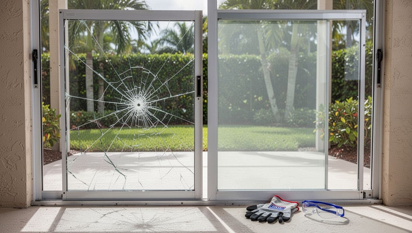 Cracked and intact glass door panels stand beside safety gear in a bright patio doorway.