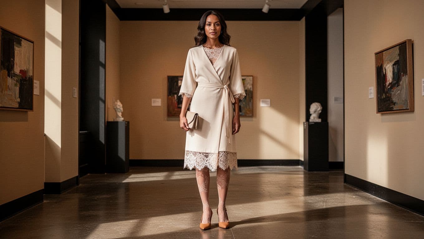Woman in a cream wrap dress, nude hosiery, tan heels, and carrying a small clutch.