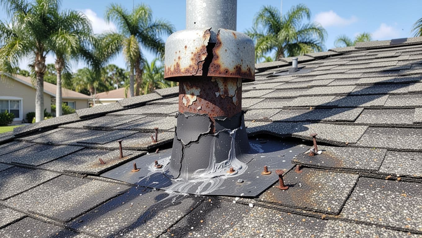 Photo-realistic depiction of deteriorated plumbing vent flashing on an asphalt shingle roof in sunny Florida, featuring split cracked rubber boot, rusted corroded metal collar, lifted curled shingles, rusty popped nails, missing sealant, gaps, and staining under bright sunlight.