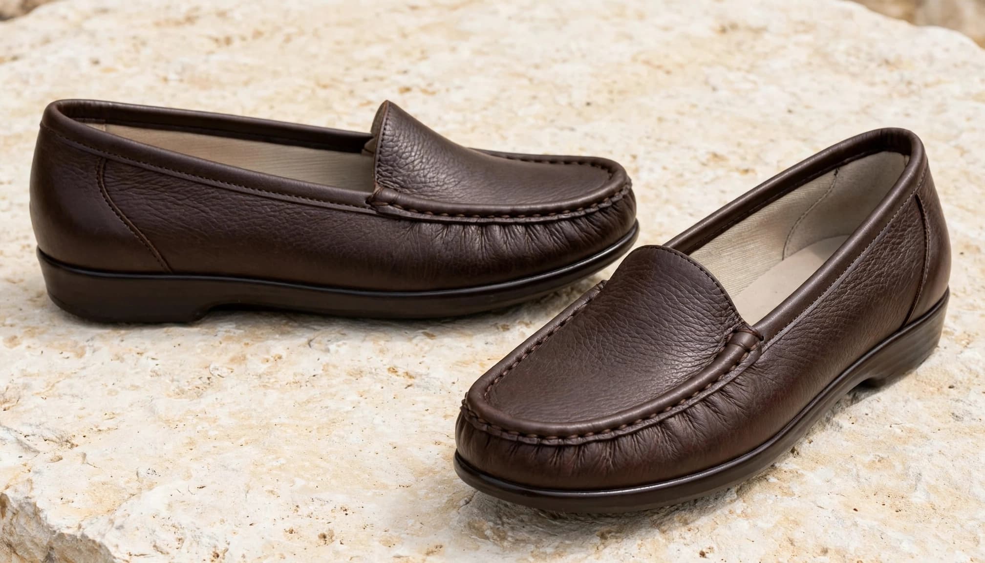 Two brown leather loafers displayed at different angles on a pale stone surface.