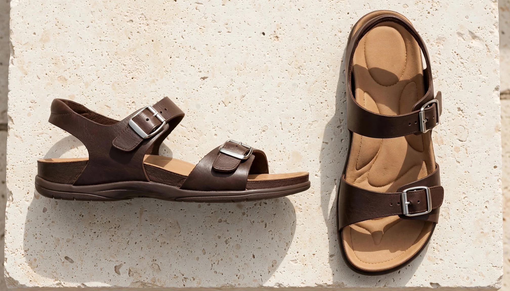 Two brown leather sandals display their buckled straps and shaped footbeds.
