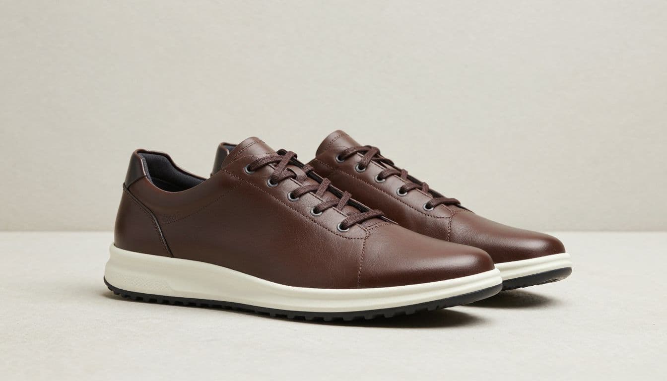 Two dark brown leather sneakers on a pale stone surface.