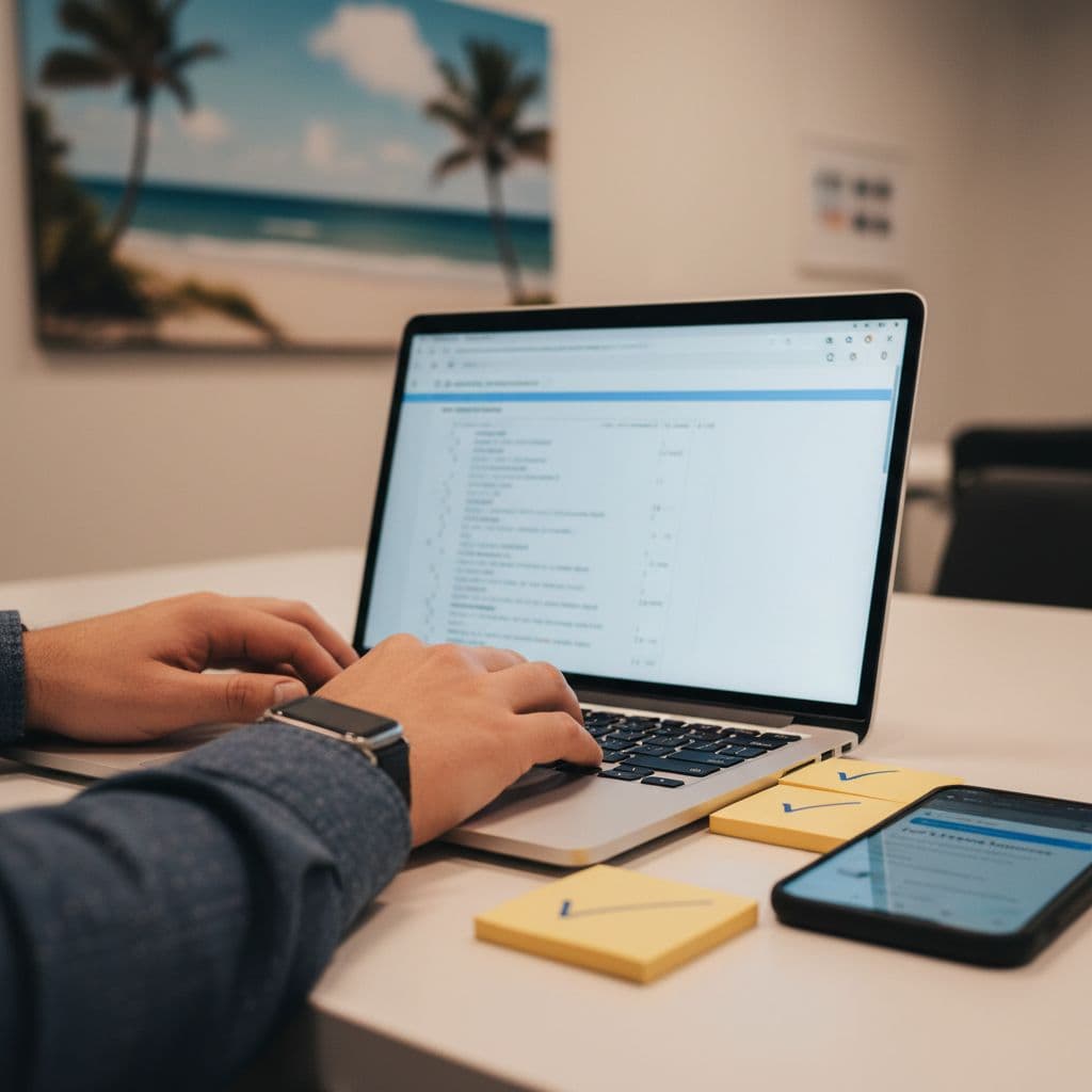 Photorealistic close-up of a developer's hands typing JSON-LD structured data for LocalBusiness on a laptop, with a smartphone displaying Google search results for Fort Myers and blurred office background.