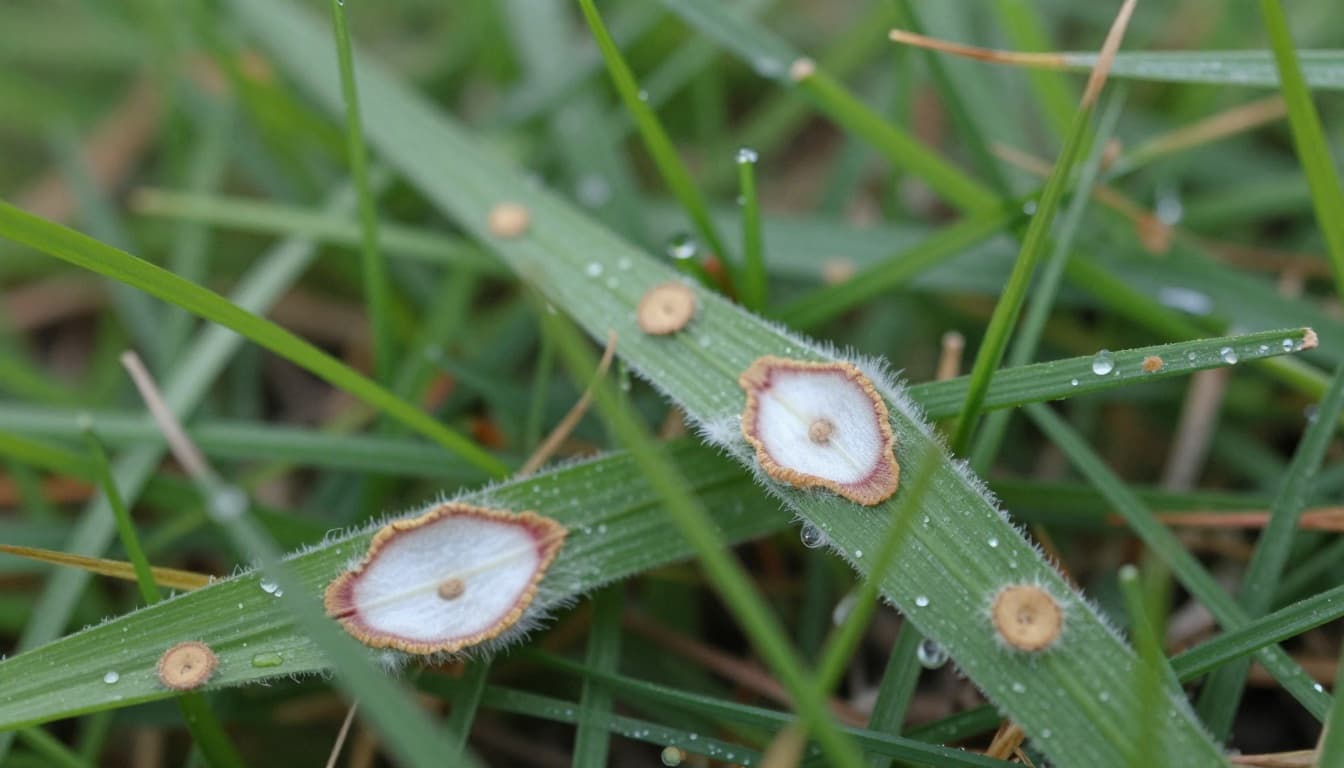 Ultra-realistic macro close-up of dollar spot disease on bentgrass or fescue lawn during a humid Atlanta summer morning with dew. Foreground features straw-colored spots coalescing, hourglass-shaped lesions with white centers and reddish-brown borders, and white cottony mycelium on blades; background blurs green turf.