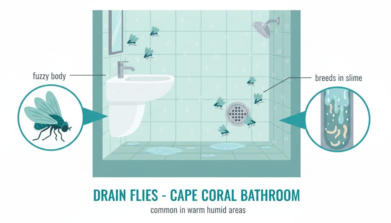 Clean educational infographic in flat vector style depicting fuzzy drain flies swarming near a sink and shower drain in a humid Cape Coral bathroom, with insets of fly anatomy and larvae in gelatinous slime, plus callouts on fuzzy body, breeding in slime, and prevalence in warm humid areas.