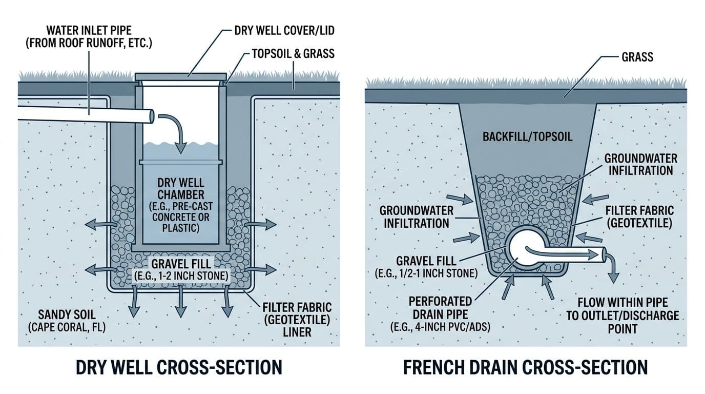Technical vector illustration comparing cross-sections of a dry well (left: pit with chamber and gravel) and French drain (right: trench with perforated pipe and gravel) in sandy soil for Cape Coral. Simple diagram with labels, white background, muted blues and greys, clear callouts.