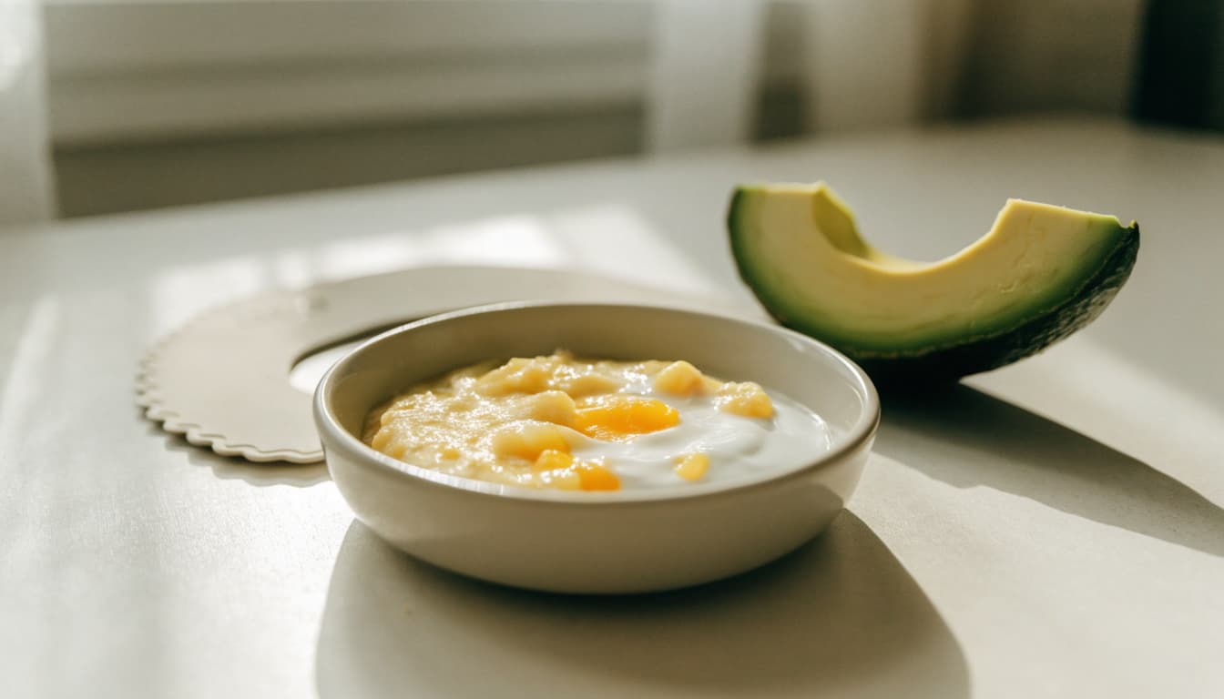Mashed egg yolk and yogurt with an avocado wedge beside a folded baby bib.