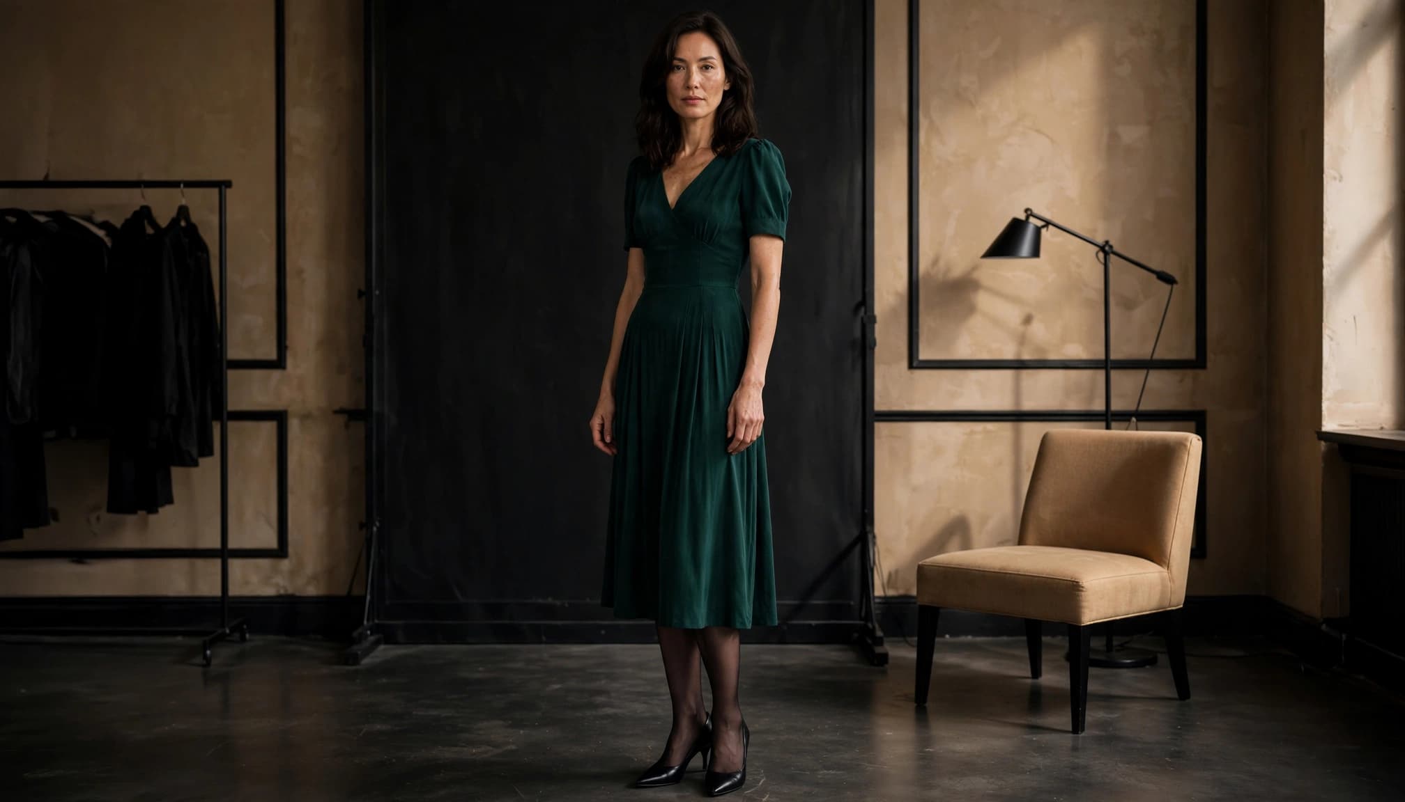 Woman in an emerald dress, sheer black hosiery, and black pumps in a fashion studio.