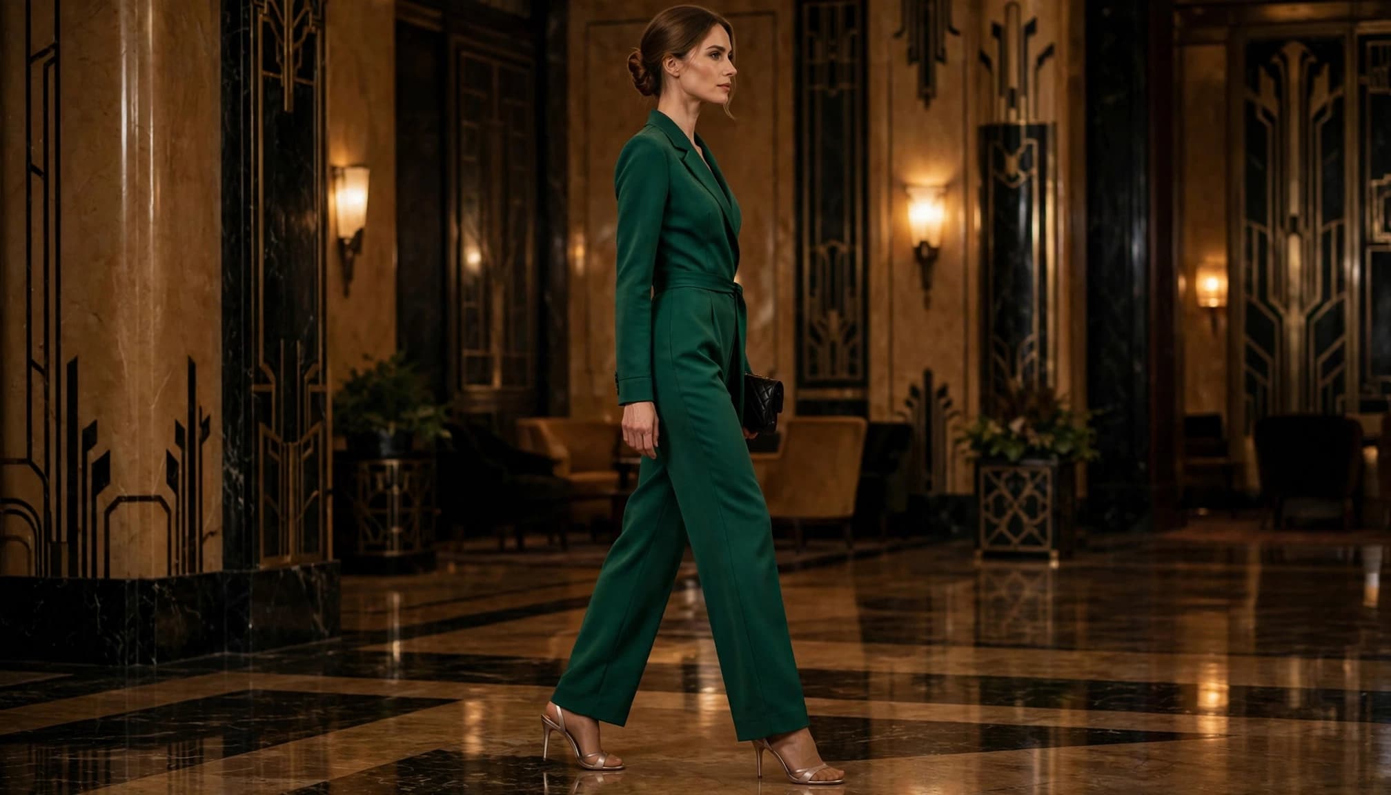 Woman in an emerald jumpsuit and tan hosiery at an elegant evening reception.