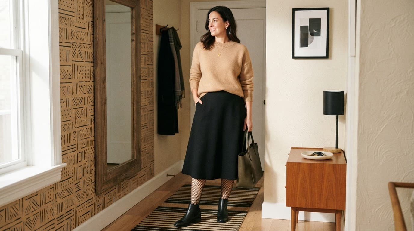 Woman in a tan sweater, black skirt, fishnet tights, and ankle boots in an entryway.