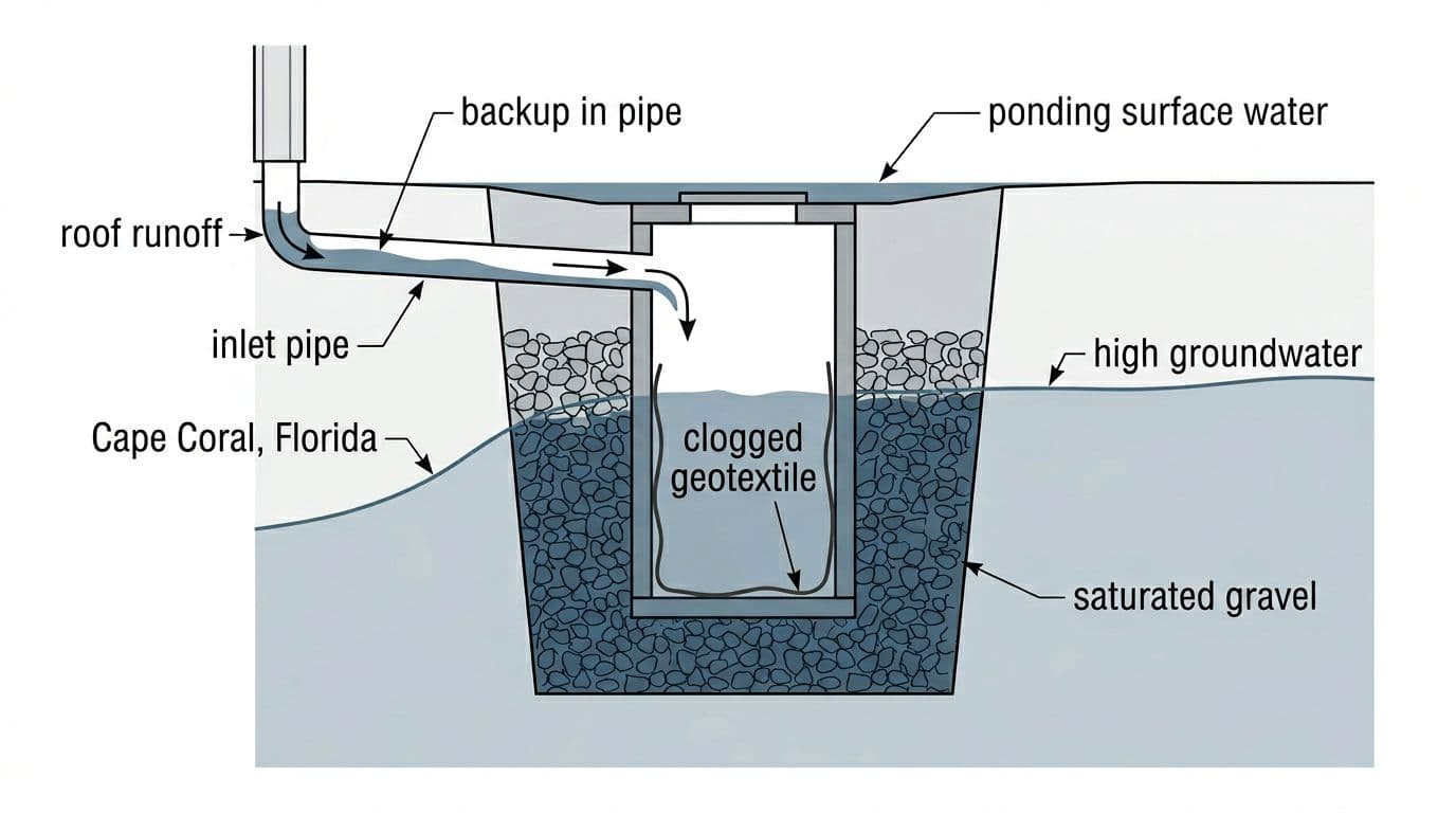 Clean technical vector illustration of a failing dry well drainage system cross-section in Cape Coral, Florida, showing clogged chamber, saturated gravel, high groundwater, ponding surface water, and pipe backup with clear labels.