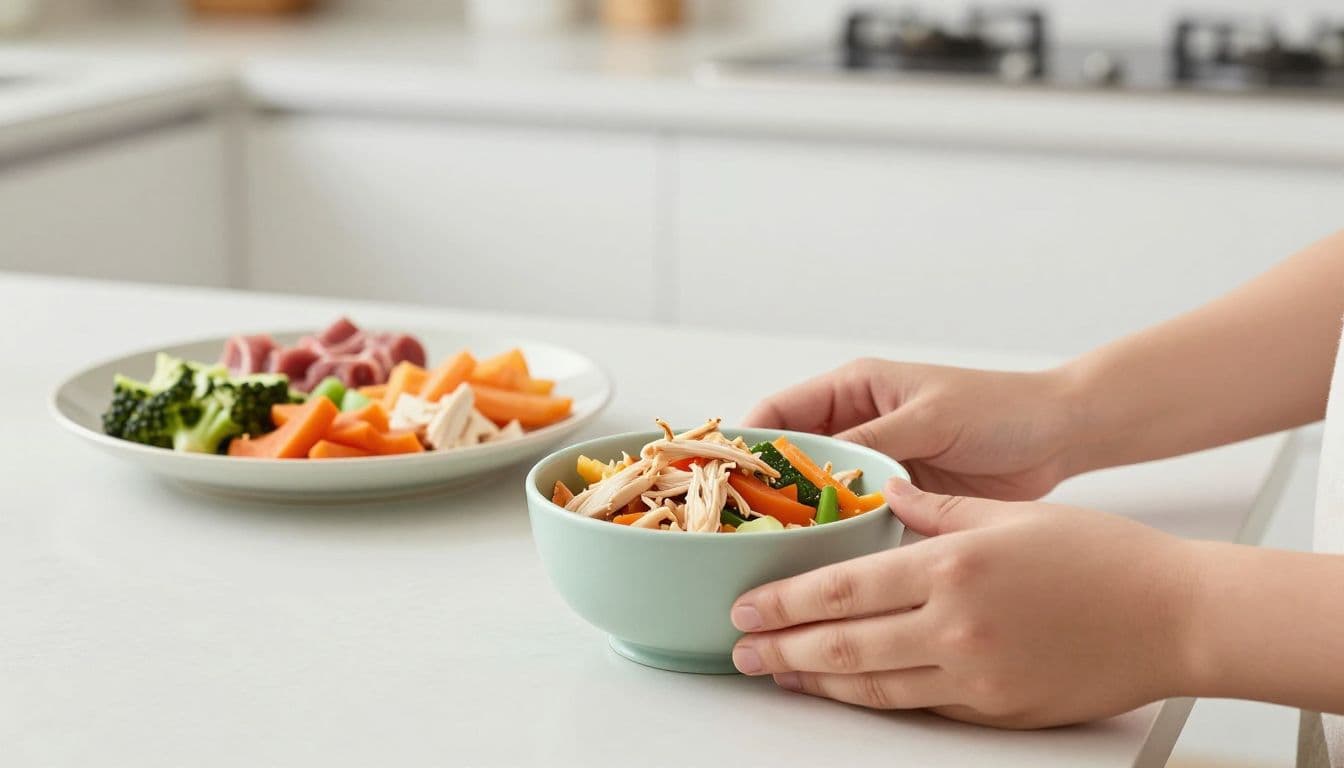 Caregiver preparing vegetables and chicken in a baby bowl beside a family dinner plate.