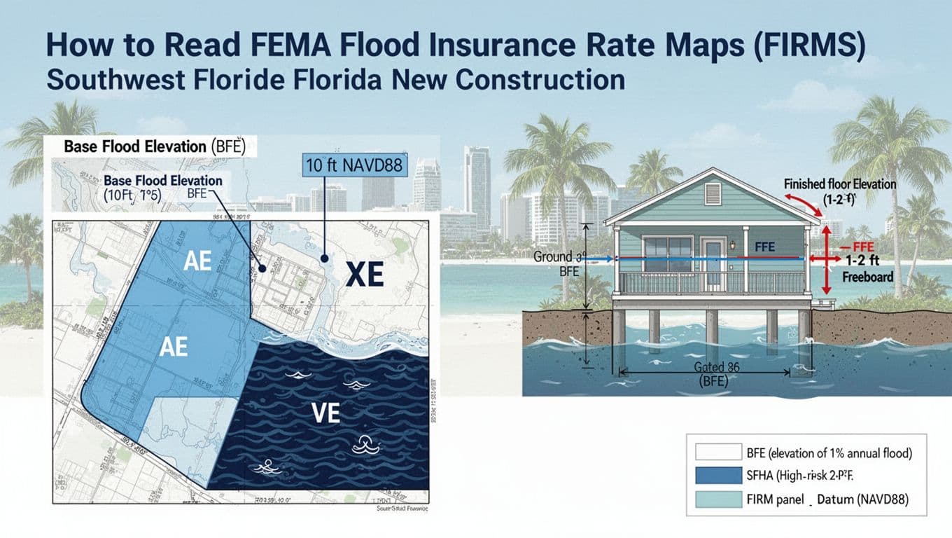 Educational infographic-style illustration explaining FEMA FIRMs for Southwest Florida new construction, featuring labeled flood zones AE, VE, X, BFE elevations, and a cross-section of an elevated house on pilings.