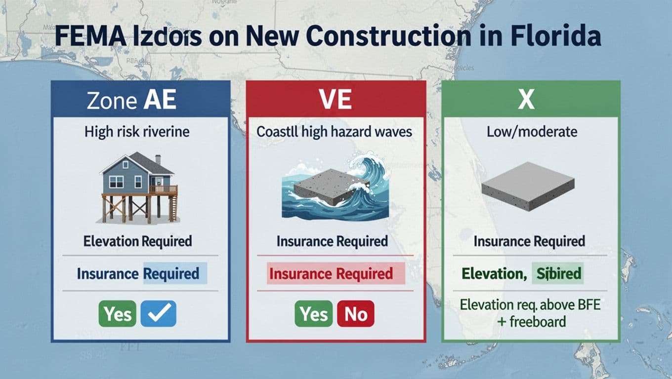 Infographic chart comparing FEMA flood zones AE (high-risk riverine), VE (coastal high-hazard with waves), and X (low/moderate risk) impacts on new construction in Florida, featuring elevation requirements, insurance needs, and building methods with icons.