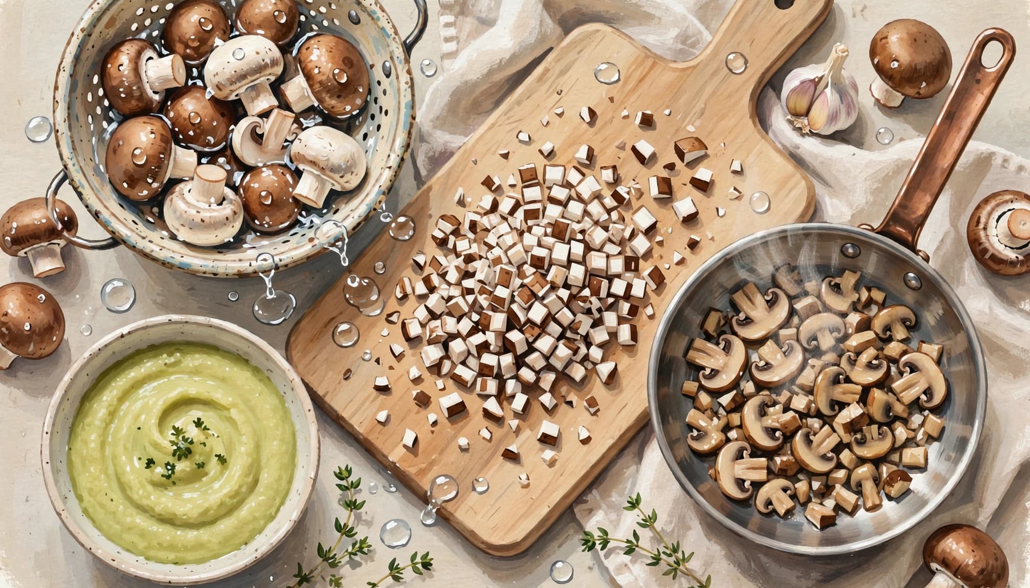 A gouache illustration of chopped mushrooms on a cutting board, a colander of whole mushrooms, a pan, and a bowl of puree.