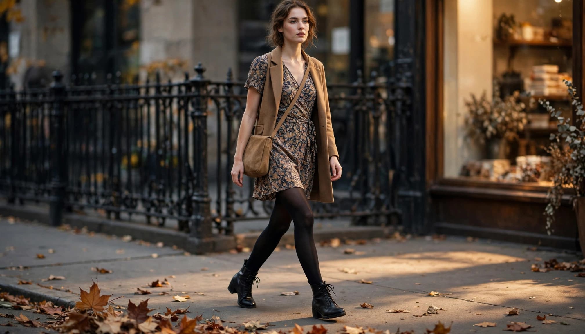 A woman in a floral dress, tan coat, and black tights walks along an autumn sidewalk.