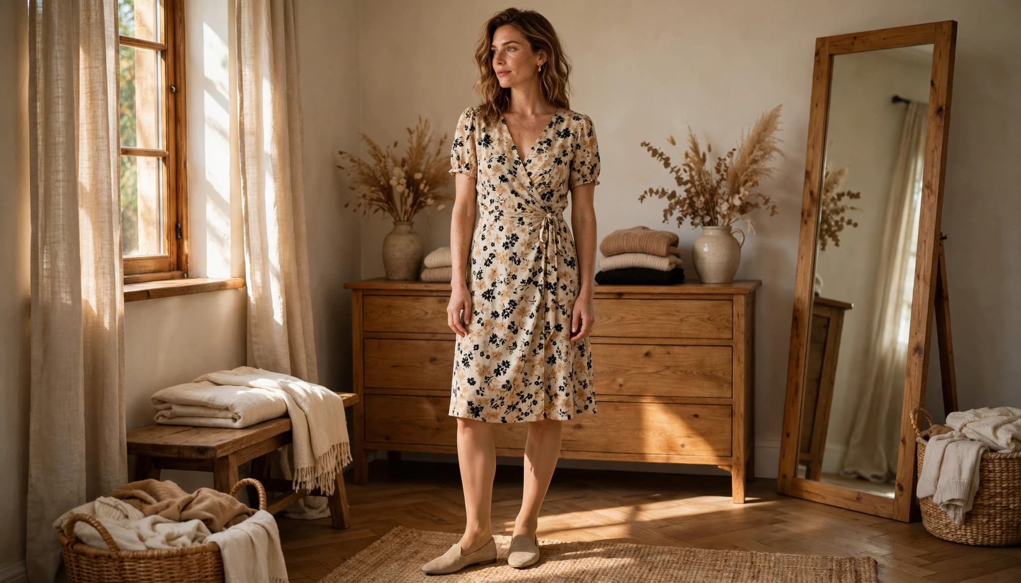 A woman in a floral dress stands in a sunlit room with a wooden dresser and mirror.