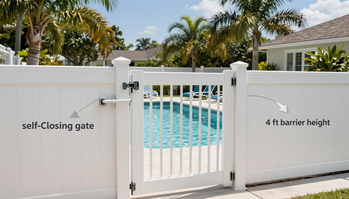 Photorealistic image of a Southwest Florida backyard pool enclosed by a compliant 4-foot white vinyl fence featuring an open self-closing, self-latching gate with visible latch mechanism. Includes palm trees, lounge chairs, sparkling blue pool under sunny skies, lush greenery, and infographic callouts for safety features.