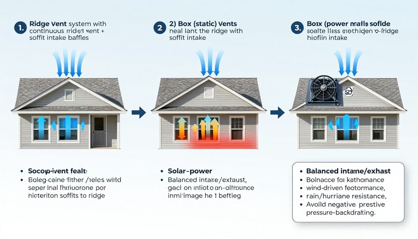 High-resolution educational illustration showing cutaway views of a Florida coastal home roof and attic comparing three ventilation systems: ridge vent with soffit baffles, box vents, and solar-powered attic fan, with airflow arrows and key considerations.