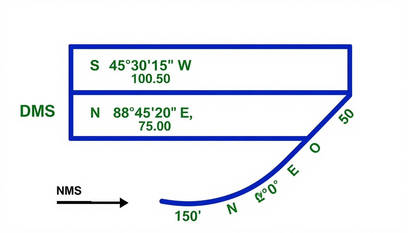 Vector diagram showing three boundary segments on a property survey line: straight bearings S 45°30'15
