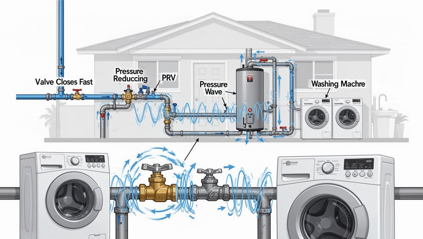 Educational flat vector illustration of a typical Florida single-family home plumbing layout demonstrating water hammer from quick-closing valves, with pressure waves, vibrating pipes, water main, PRV, water heater, and washing machine.