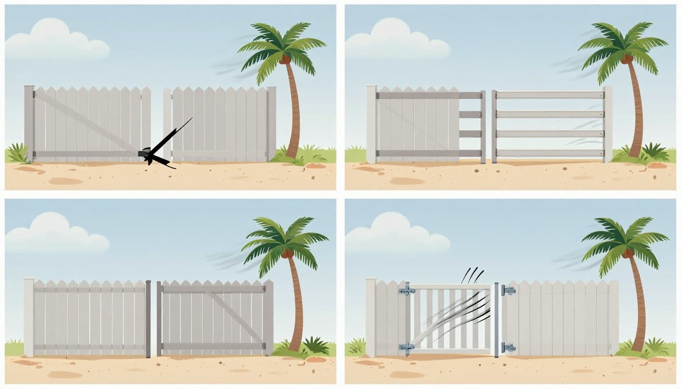 Instructional infographic showing four common fence failure points during hurricanes in coastal Florida backyards like Cape Coral, paired with corrected reinforced versions.