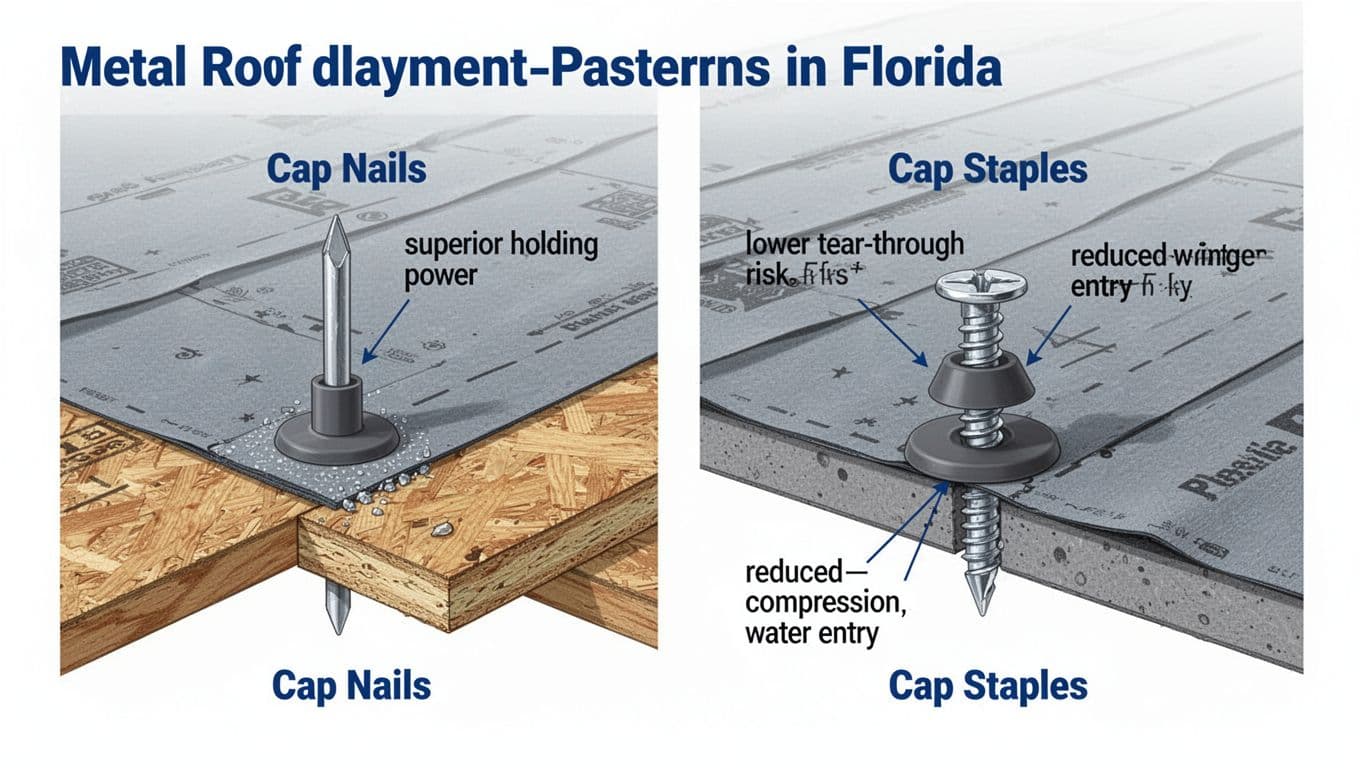High-resolution infographic comparing cap nails and cap staples for metal roof underlayment in Florida, featuring cross-sections and callouts for superior holding power, lower tear-through risk, and reduced water entry.