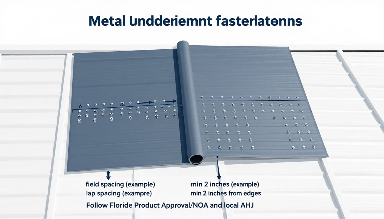 Clean technical infographic illustrating synthetic underlayment fastener grid for metal roofs in Florida, showing 6-inch lap spacing and 12-inch field spacing with labels and compliance notes.