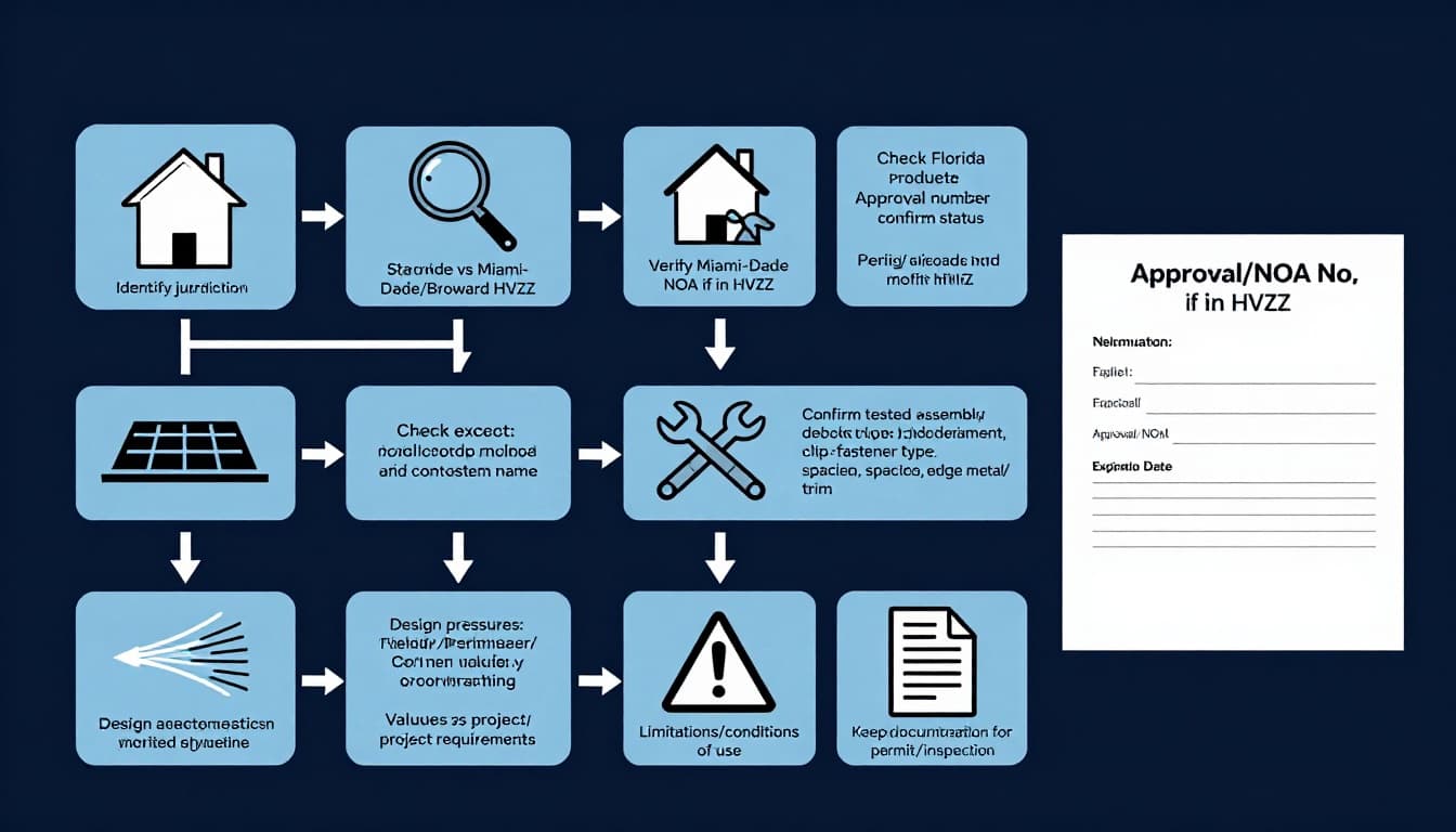 Clean, professional infographic with a step-by-step flowchart guiding users on selecting compliant metal roofing panels and trim in Florida, covering jurisdiction, approvals, profiles, assemblies, pressures, and documentation.