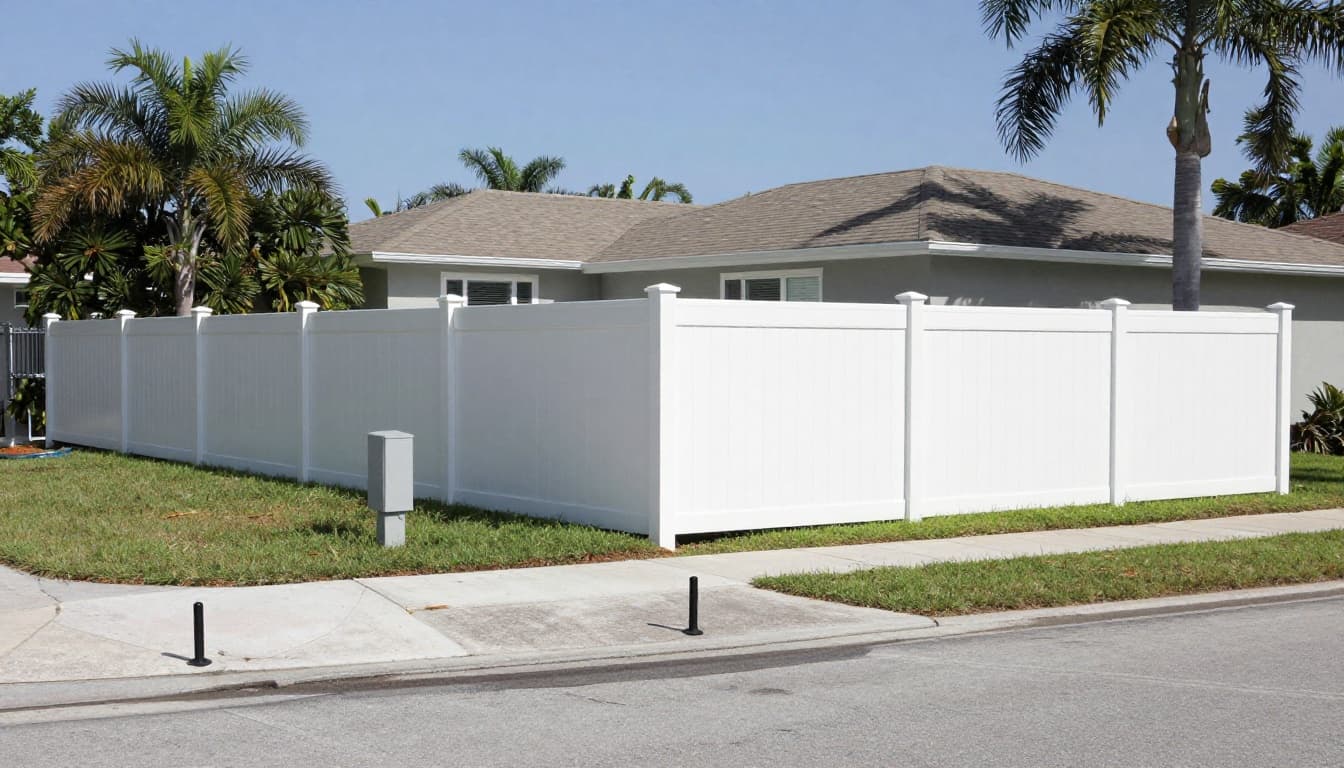 Realistic photo of a typical Florida single-family home featuring a new white vinyl fence installed precisely along the surveyed boundary line with visible iron pins, green yard, shaded easement area, and palm trees under sunny skies.