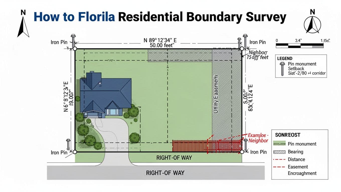 Clean, labeled instructional diagram for homeowners on reading a Florida residential boundary survey before fence installation, featuring property boundaries, setbacks, easements, bearings, distances, iron pins, encroachment example, north arrow, scale, and legend.