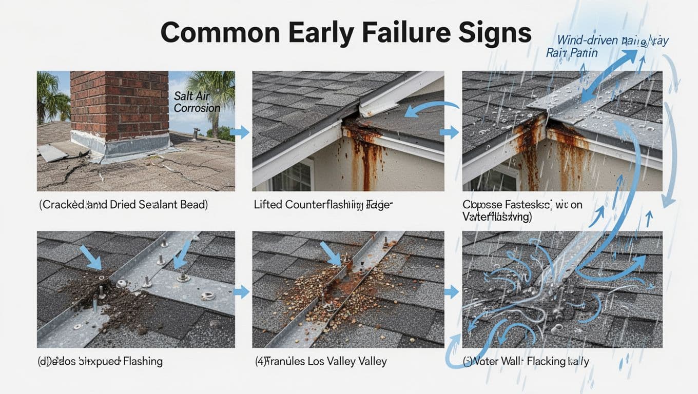 Clean, high-resolution vector infographic in landscape format illustrating five common early failure signs in roof flashing specific to Florida roofs, such as cracked sealant, lifted counterflashing, corrosion, debris buildup, and water staining. Includes arrows, labels, and effects from salt air and wind-driven rain.