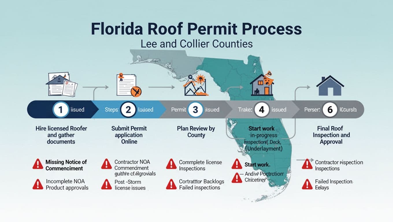 Modern infographic flowchart depicting the step-by-step roof permit process timeline for Florida's Lee and Collier Counties, highlighting key steps, inspections, and common delays with warning icons on a subtle state map background.