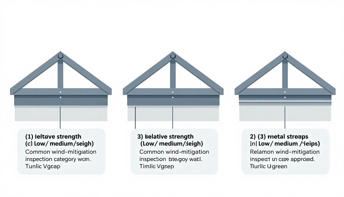 Educational diagram illustrating three primary roof-to-wall attachment methods in Florida homes: toe nails, metal clips, and metal straps (single/double wrap), with cross-sections, nail patterns, strength ratings, wind-mitigation inspection categories, and upgrade details.