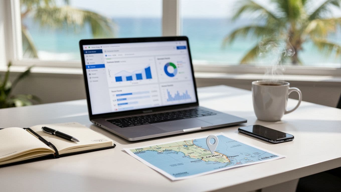 Photorealistic landscape image of a clean modern desk for a local southwest Florida business, featuring a laptop with blurred generic analytics dashboard, smartphone, printed map pinned near Fort Myers, notebook, pen, steaming coffee mug, natural daylight with palm hints and coastal blues-greens.