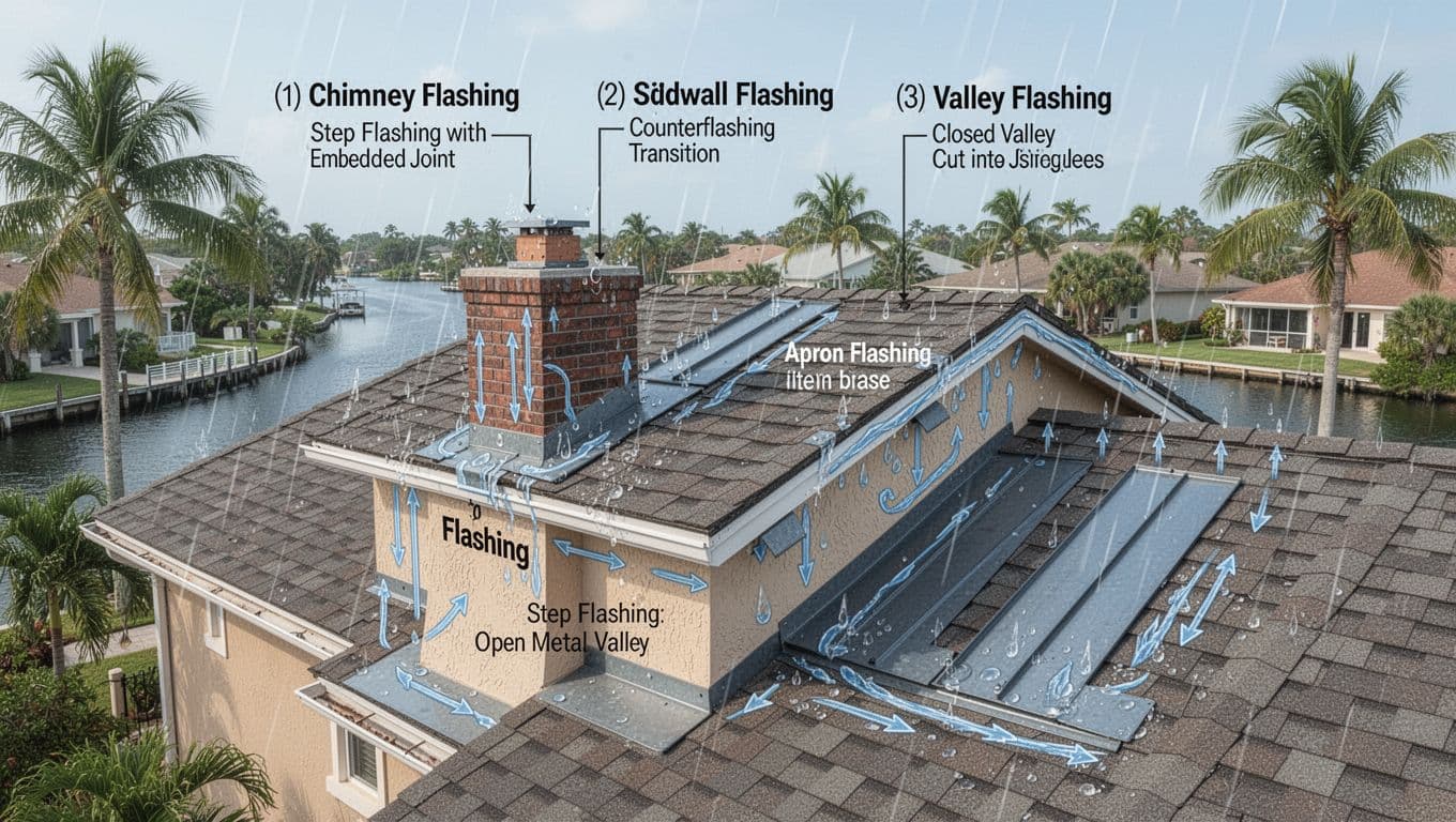 High-resolution vector infographic diagram of a residential shingle roof in a Florida coastal neighborhood, highlighting chimney, sidewall, and valley flashing areas with labeled callouts, wind-driven rain arrows, and realistic details.