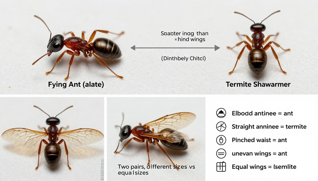 Educational three-panel comparison image for Florida homeowners: side-by-side flying ant and termite swarmer with labeled differences, wings close-up, and quick ID checklist. High-resolution macro style with scale reference for Southwest Florida species.